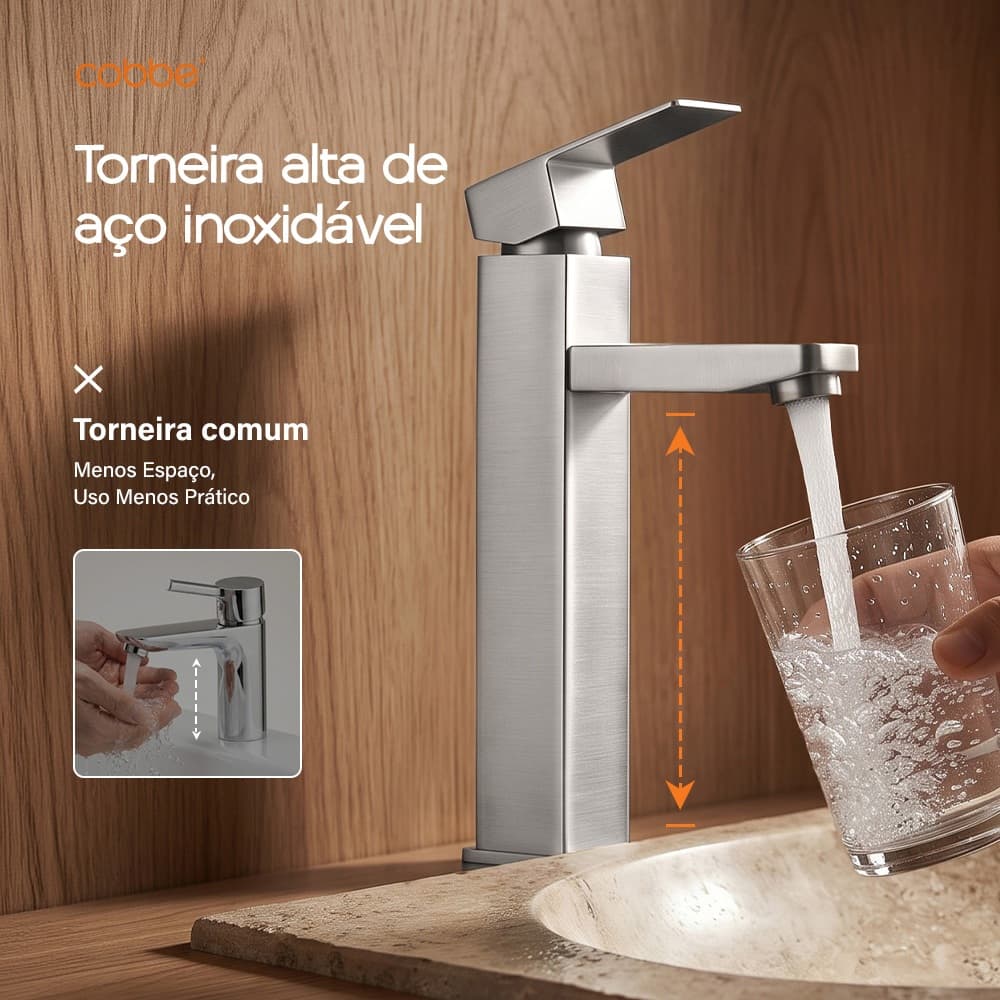 【Inox 304】Torneira Banheiro Inox Monocomando Quente e Fria Bica Alta Quadrada Para Bancada Gourmet Heemli
