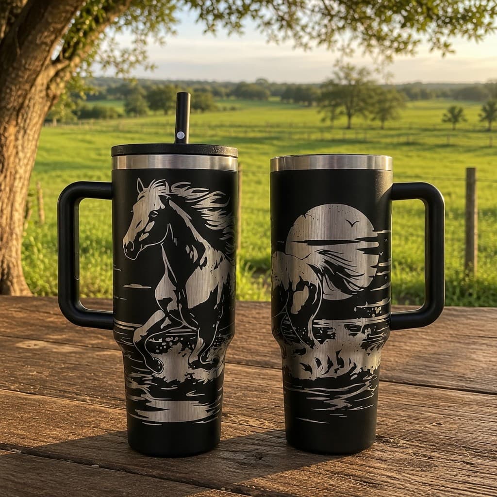 COPO TÉRMICO 1200ML COPÃO COM ARTE A LASER 360 GRAUS TEMA: CAVALO IDÉIAS DE PRESENTE