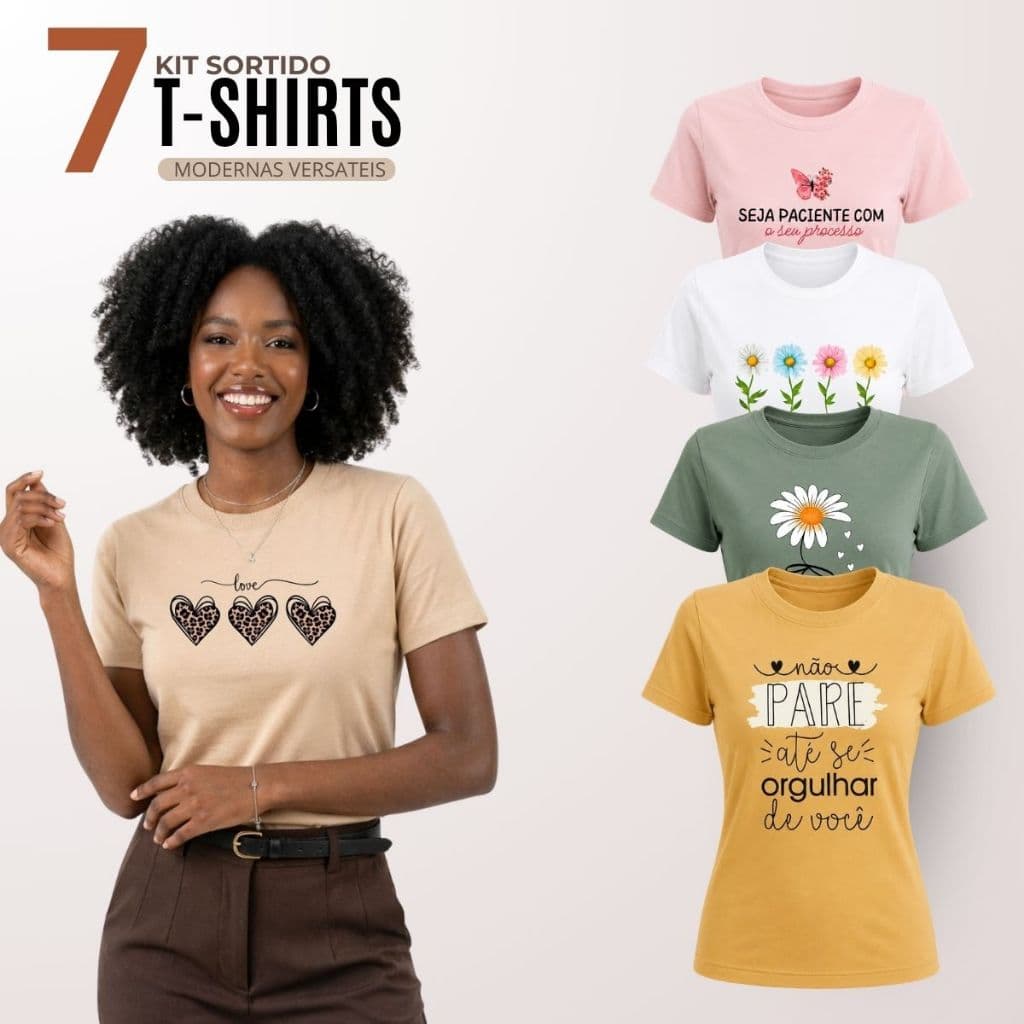 Kit 7 T-shirt Feminina Manga Curta Gola Redonda Malha 100% Algodão Premium Roupas Femininas