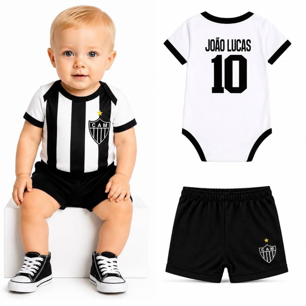 Kit 2 Pçs Bebê de Time C/ Nome Personalizado Body Bebe e Calção Tapa Fralda em Algodão Macio
