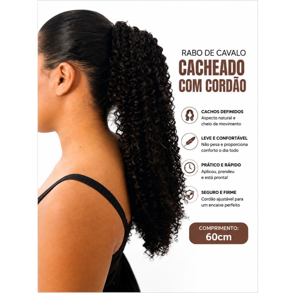 Rabo de Cavalo Cacheado 60cm com 2 Pentes Internos e Rede Ajustável- Adere Agua e Creme- Fibra Orgânica