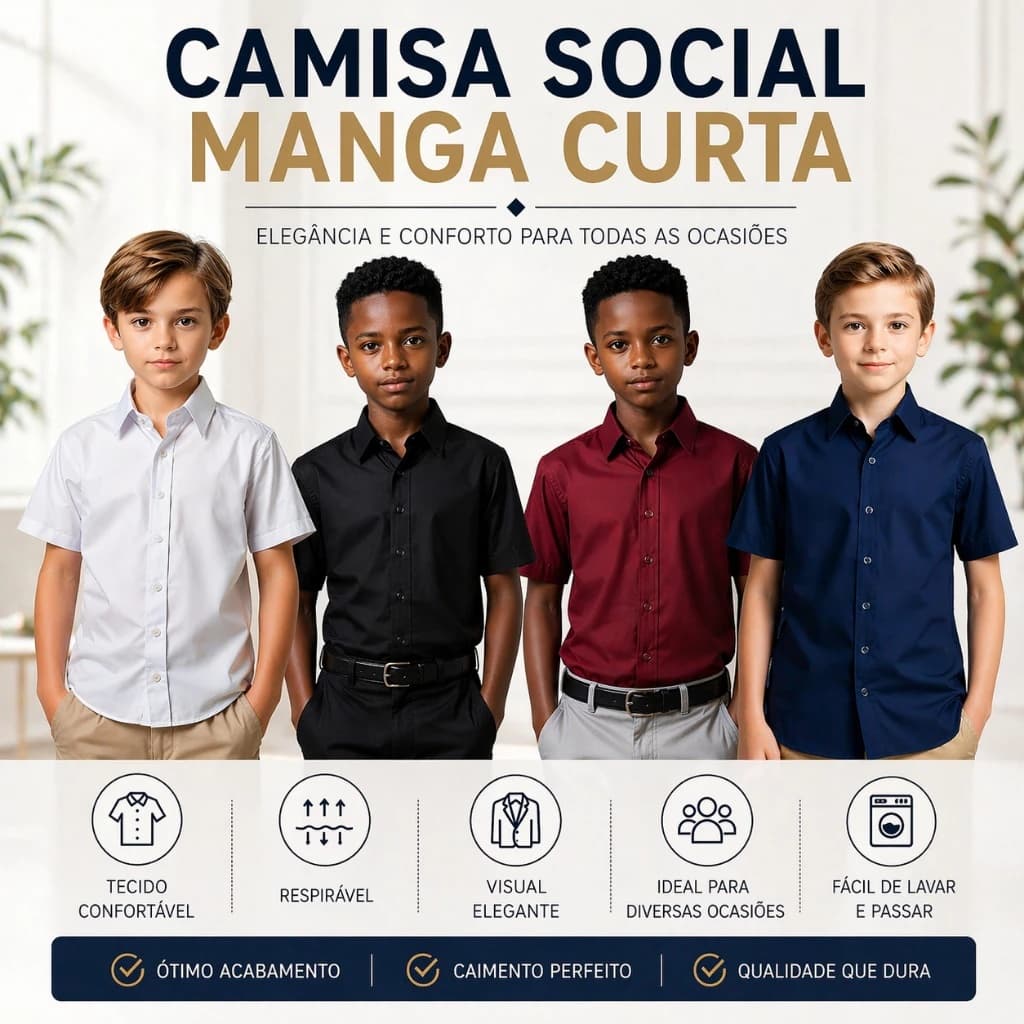 Camisa Social Manga Curta Infantil Menino Roupa Social Tam 2 ao 10 - Envio Imediato !!!