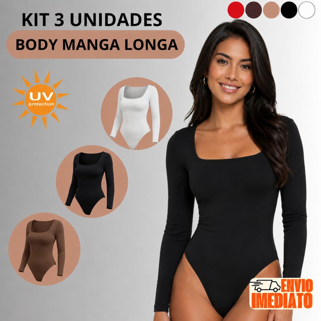 Kit 3 Body Suplex Feminina Manga Longa Decote Gola Quadrada Moda Inverno