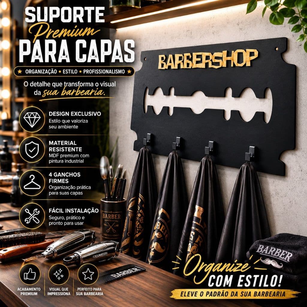 Cabideiro Para CAPAS de BARBEARIA 4 Gancho em MDF Lamina Salão Suporte Organizador BarberShop Cabide