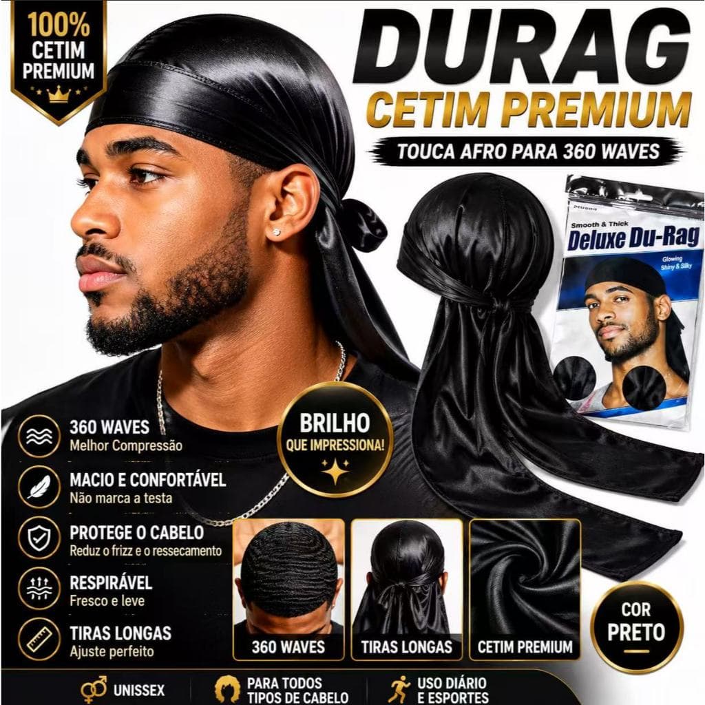 Durag Cetim Preto Wave Cap Touca Afro Para 360 Waves Unissex