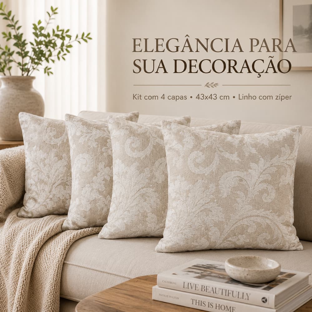 Kit 4 Capas de Almofada 43x43 Linho Com Zíper Decorativa Para Sofá Sala Quarto