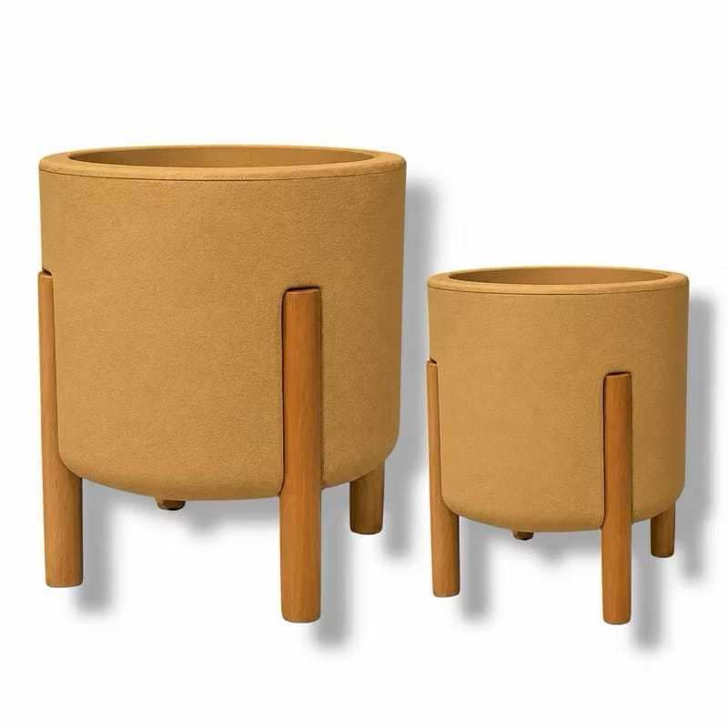 Vaso para Plantas Kit 2 Vasos Para Plantas Nórdico P e M Cilindro Com Pé De Madeira Design Moderno