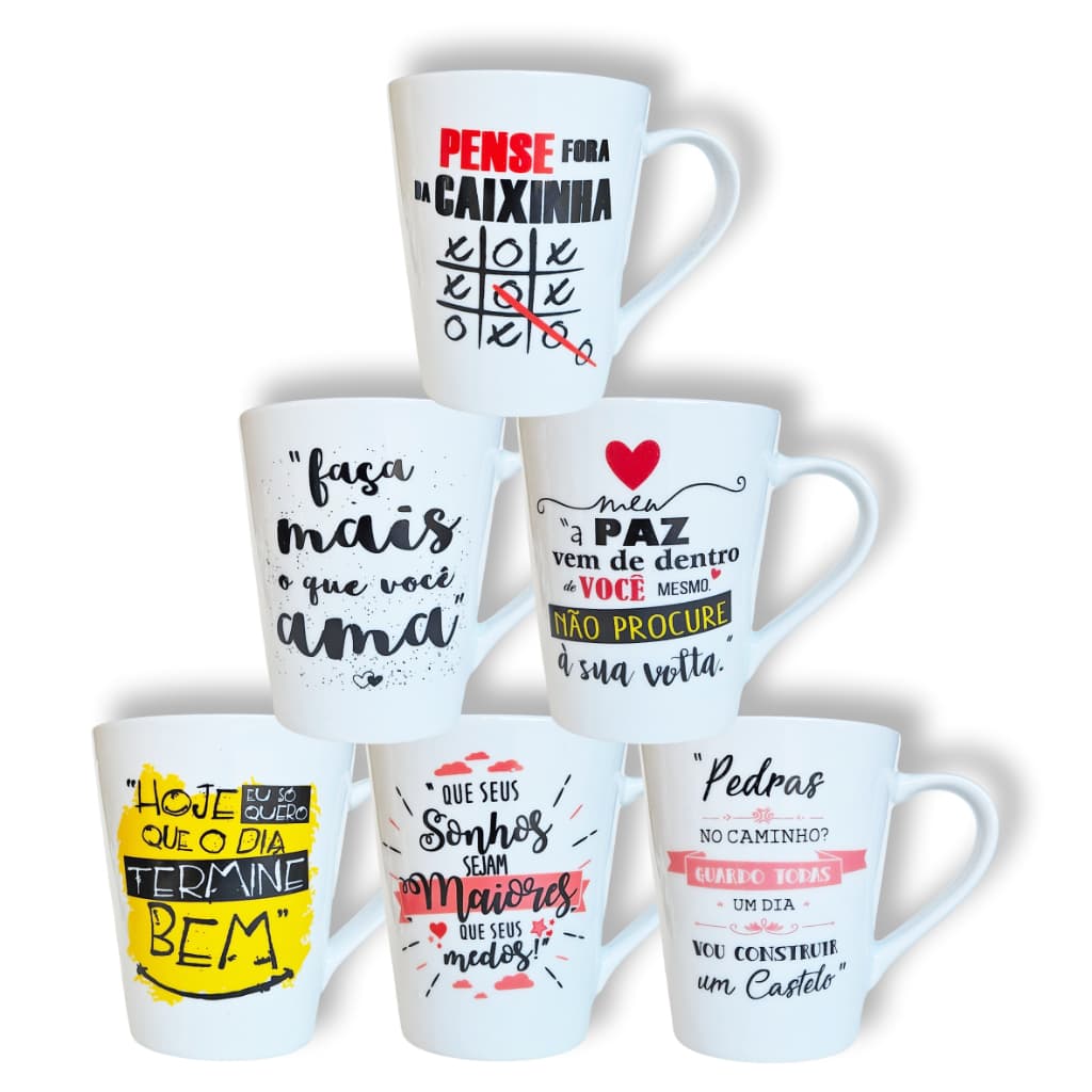 Canecas de porcelana decoradas - Coleção 02 - FRASES - 6 canecas