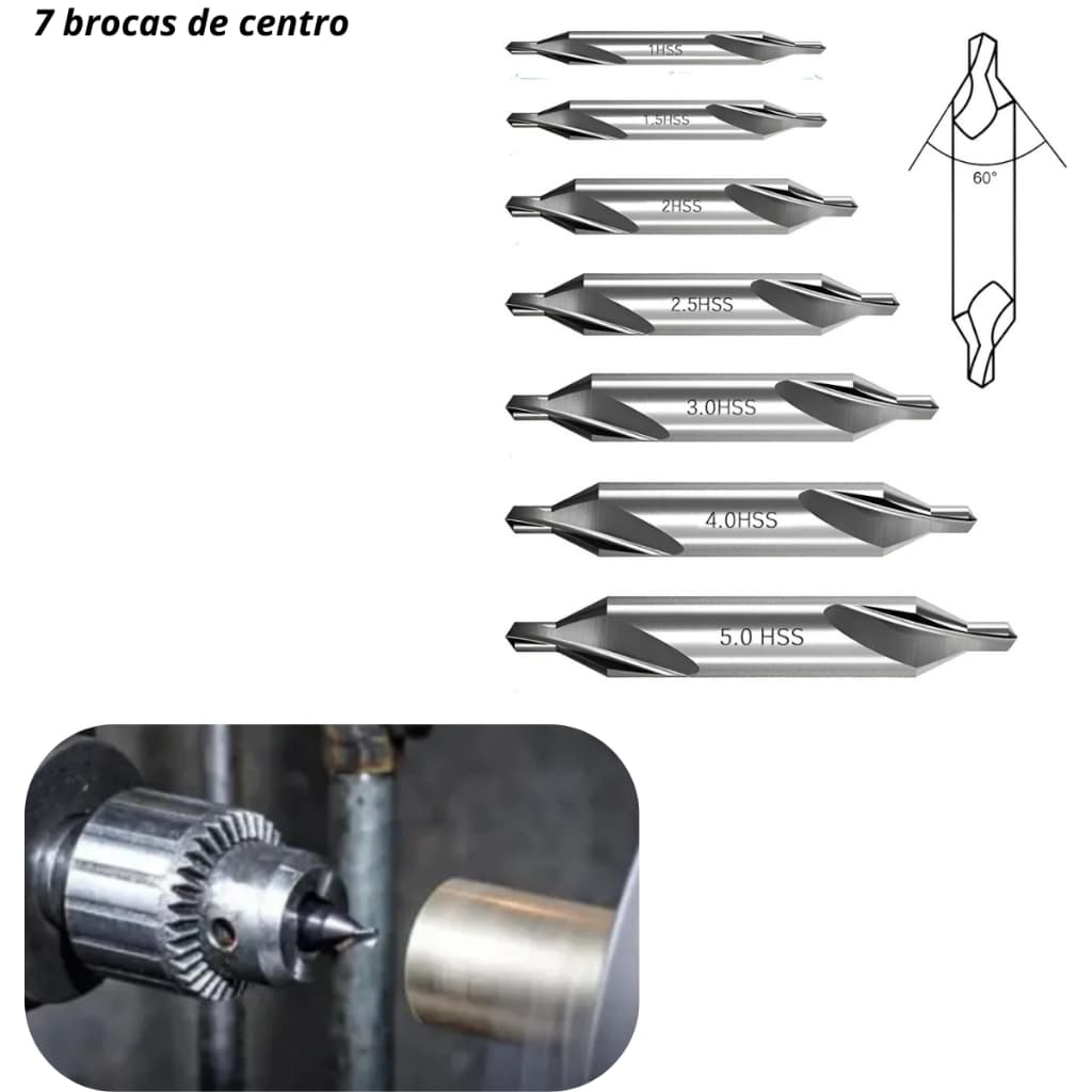 Kit de Brocas de Centro Aço Rápido para Usinagem Torno Fresa 7 peças