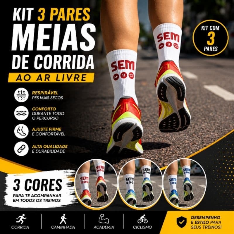 kit 3 pares de Meias de Corrida  Cano Médio – Conforto, SEM PRESSA SEM PAUSA SEM COMPARAÇÃO. Estilo para Seus Treinos