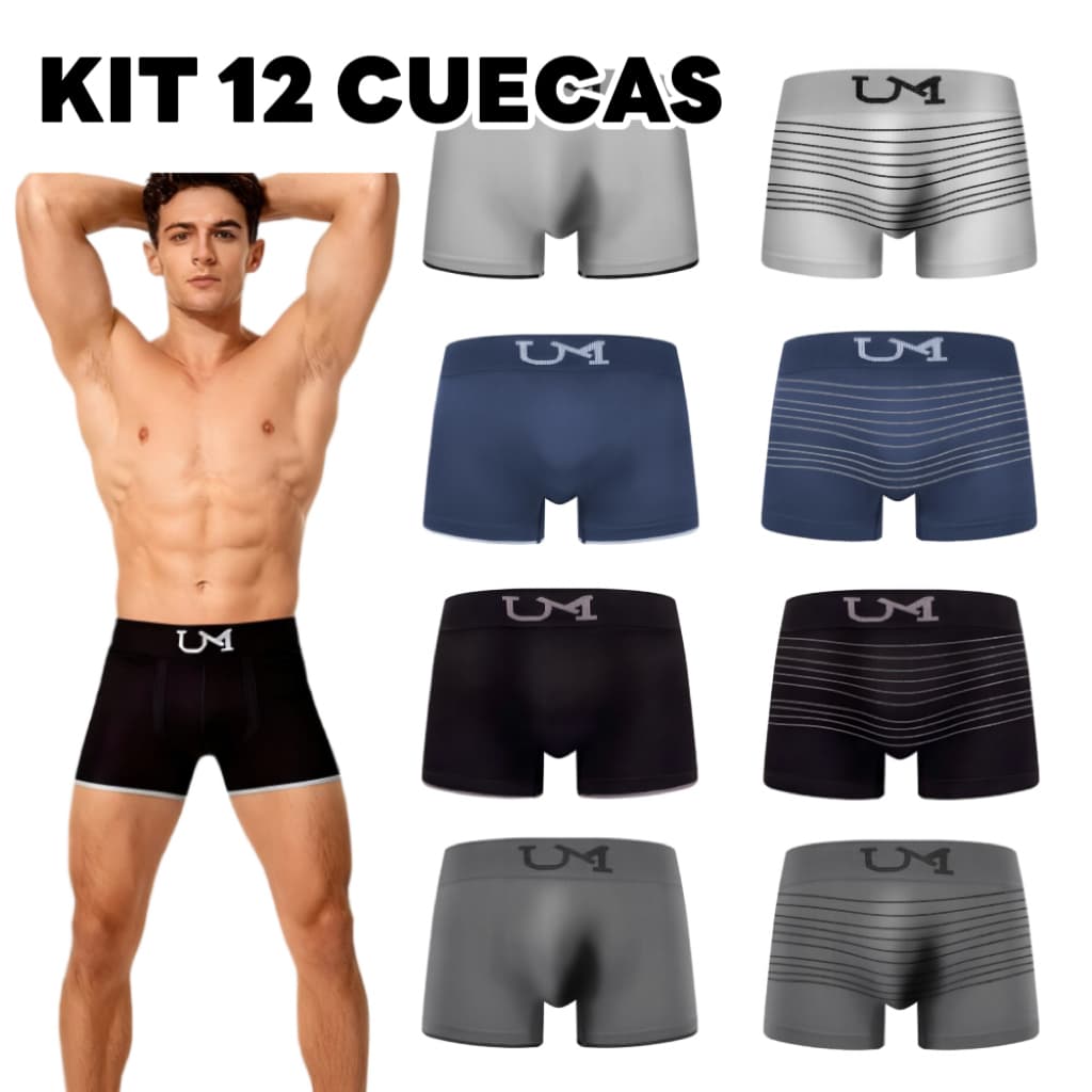 Kit 12 Cueca Boxer Lisa e Listras Sem Costura Masculino Adulto