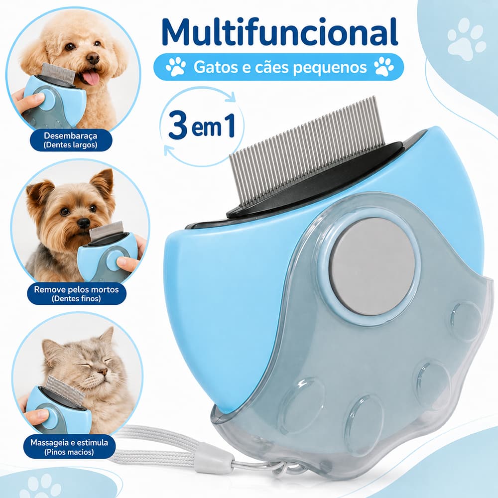 Escova Pet 3 em 1 para Gatos e Cachorros, Pente Removedor de Pelos com Troca Fácil
