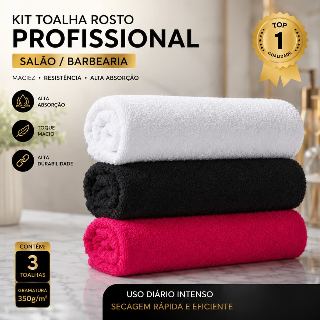 Kit  3 Toalhas de Rosto Profissionais – Absorção e Durabilidade para Seu Salão 40cm x 70cm