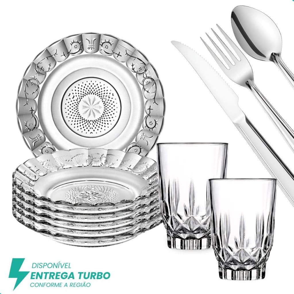 Kit Jantar Completo 30 Peças: 6 Pratos Estrela Vidro + 6 Copos Diamond 300ml + 18 Talheres Aço Inox