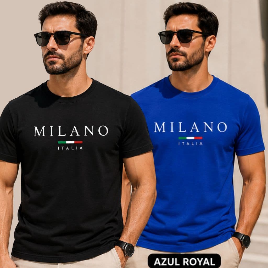 Kit 2 Camisetas 100% Algodão Estampa Milano Gola Redonda Confortável Uso Diario Manga Curta Unissex