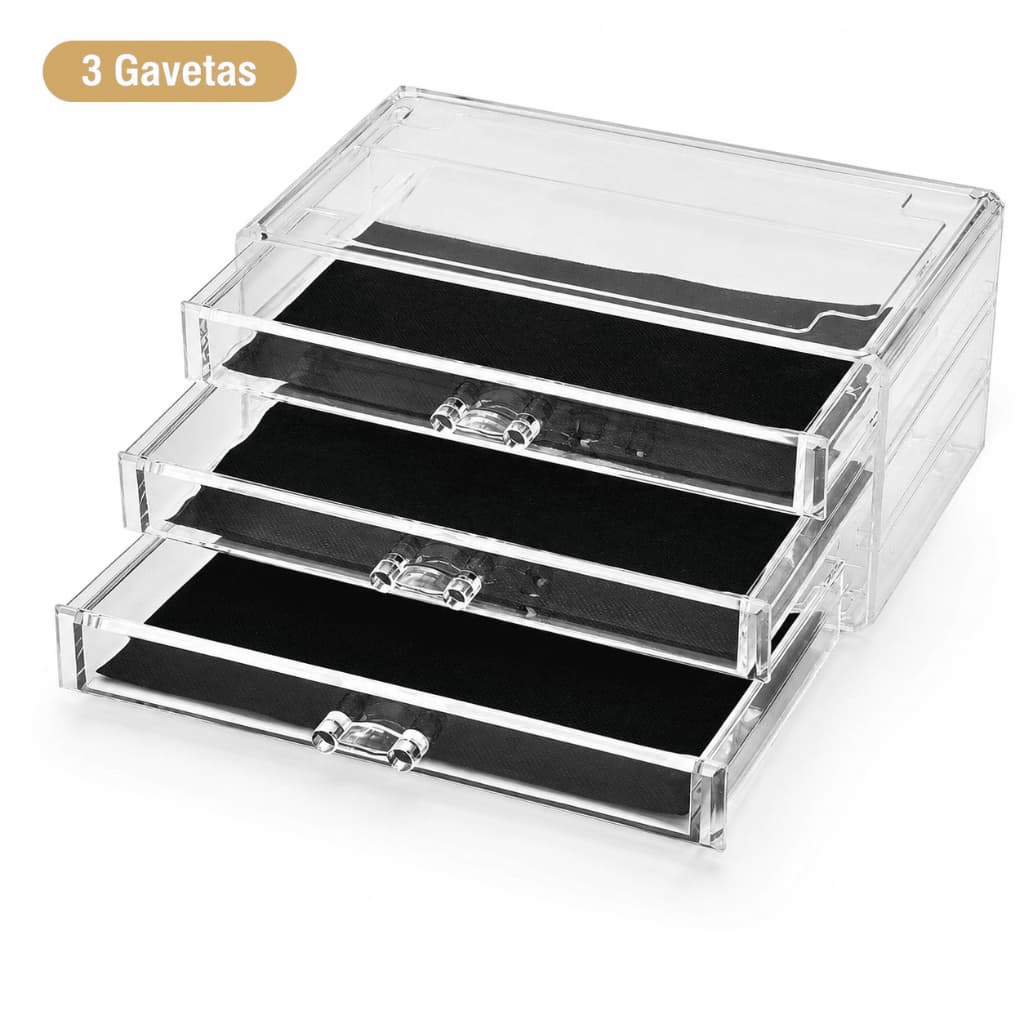 Organizador Acrílico Maquiagem Cosméticos Com 3 Gavetas Porta Batom Joias Brincos Divisórias