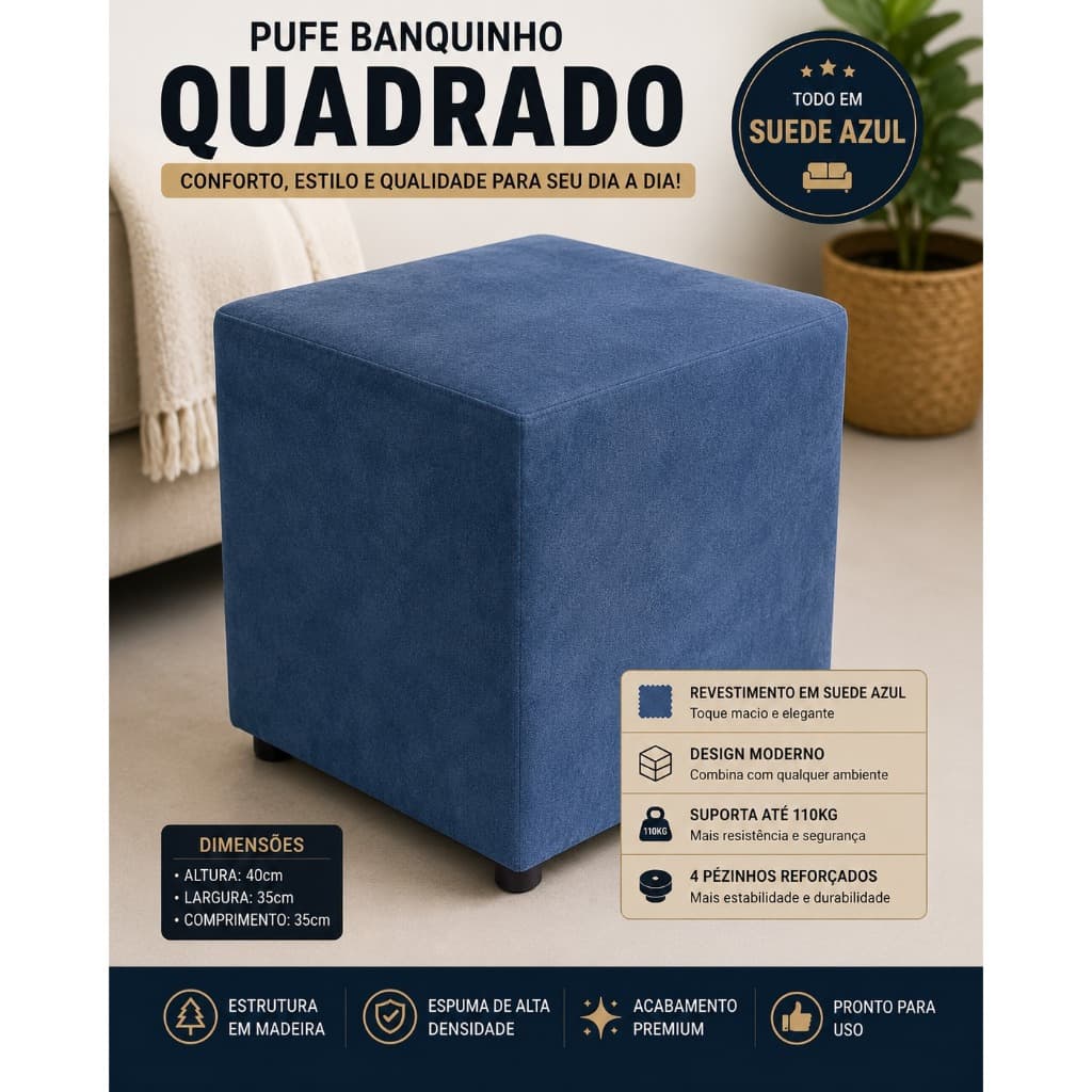 Puff Banquinho Quadrado Azul Suede Premium Reforçado Decorativo Sala Quarto Escritório