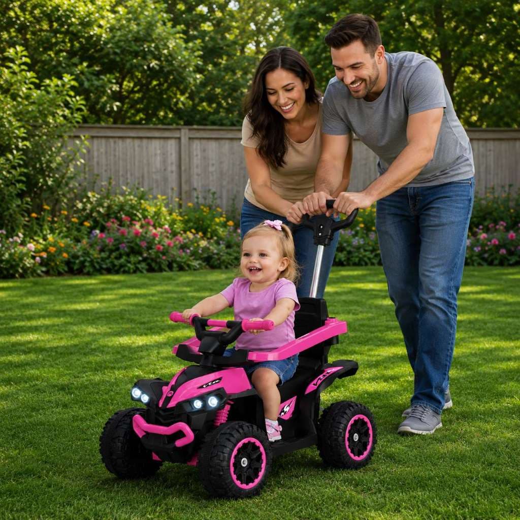 Carrinho Quadriciclo Elétrico Infantil 6V Flash Wheels Com Empurrador, Luzes e Som Rosa
