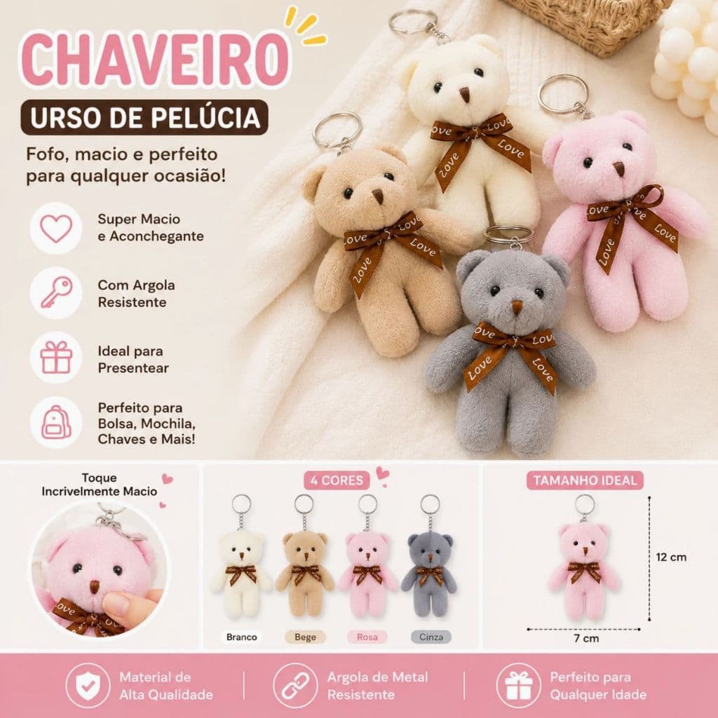 Kit 6/12 Chaveiro Pingente Urso Fofo para Chaves Bolsa Mochila Presente