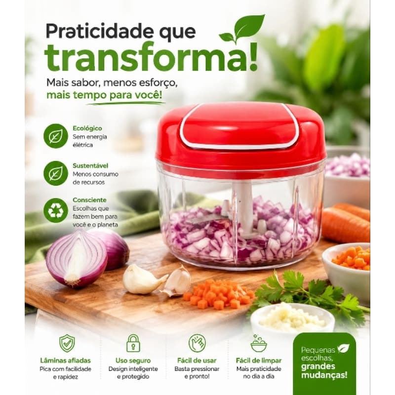Mini Processador Manual Triturador de Alimentos Picador de Cebola Alho Legumes com Lâminas em Aço Inox.