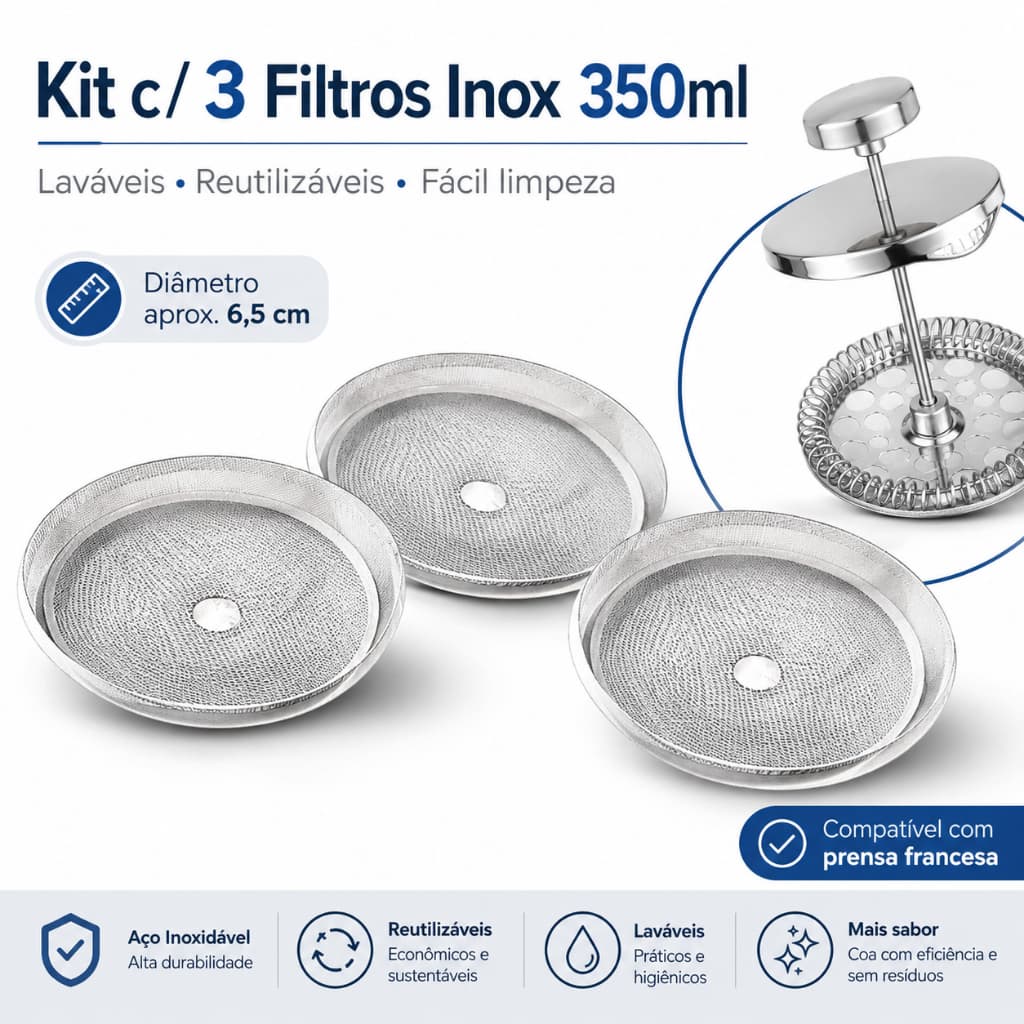 Kit C/ 3 Filtros Laváveis De Aço Para Prensa Francesa 350ml