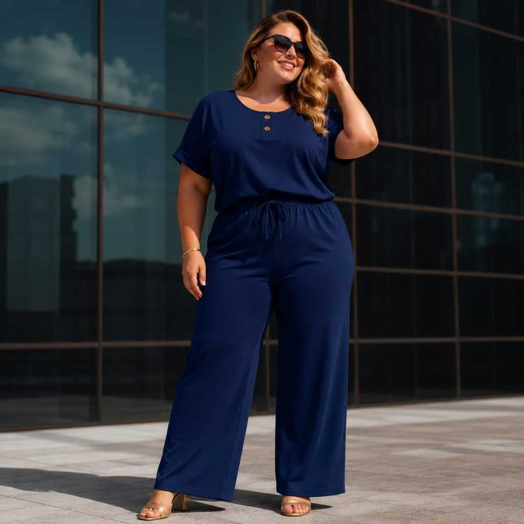 Conjunto Feminino plus size blusa + calça pantalona Crepe Duna