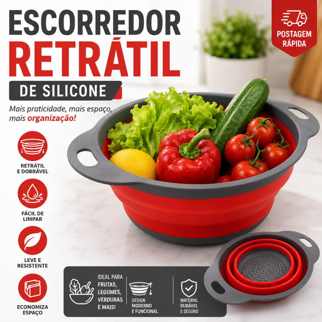 Escorredor Retrátil de Silicone Dobrável Multiuso redondo para Frutas e Legumes