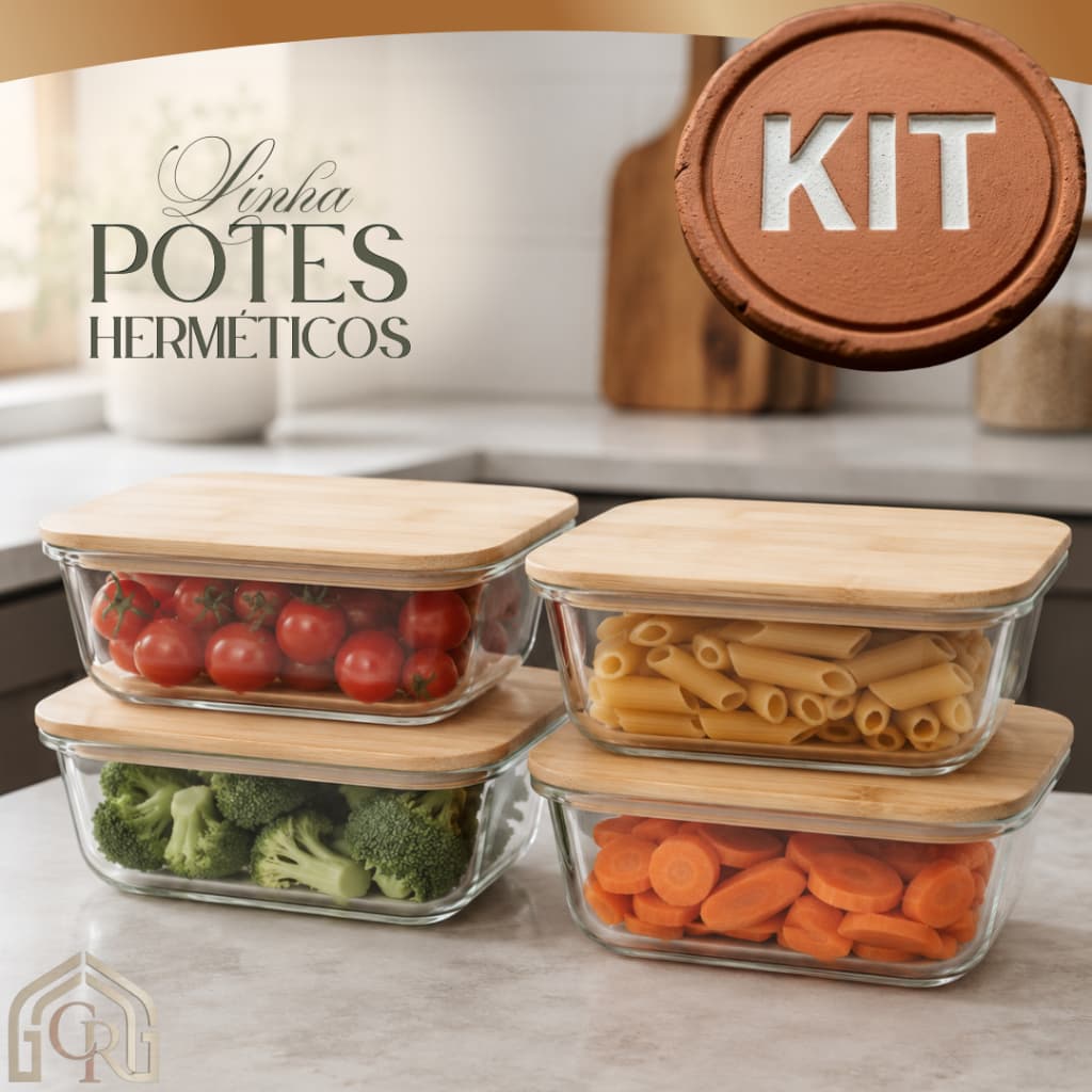 Kit Pote De Vidro Hermetico Tampa Bambu 600ml 1 2 4 Peças Vedação Armazenamento de Alimentos