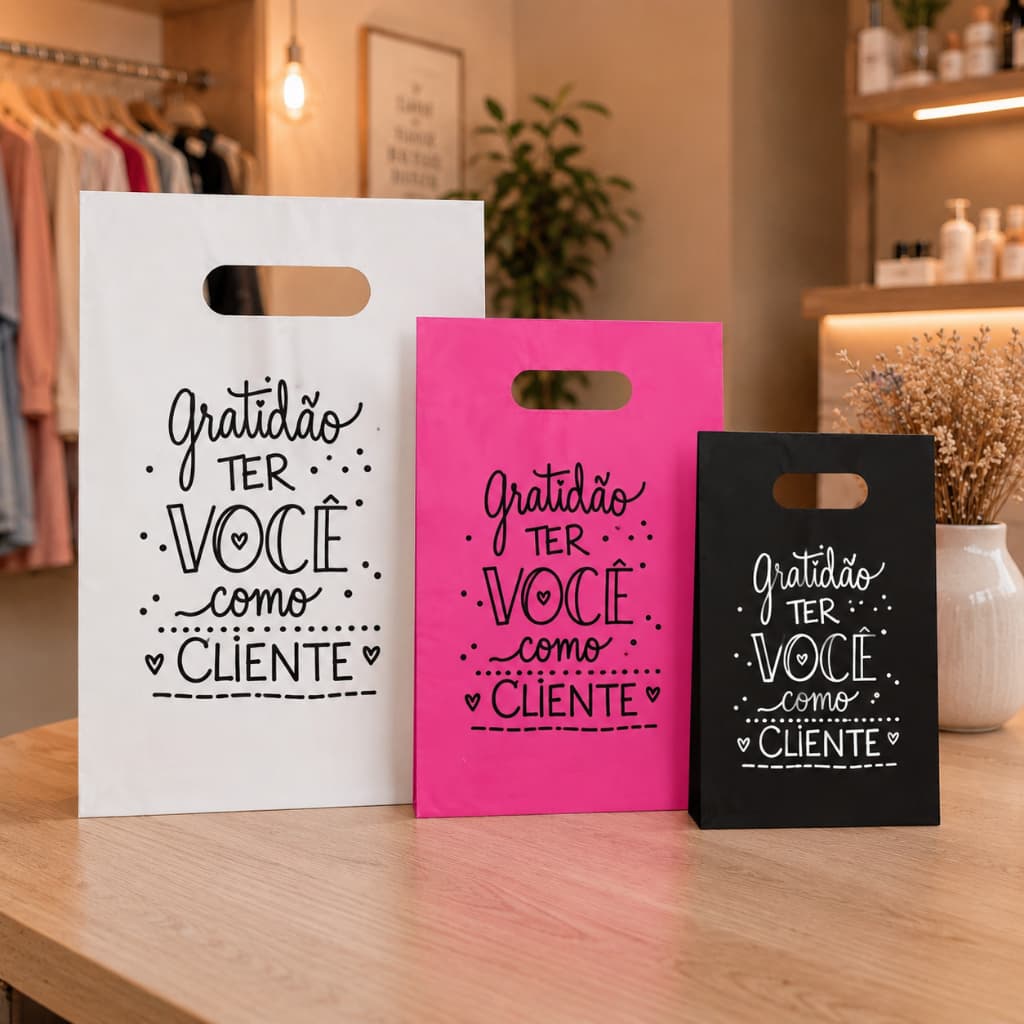 Kit 50un Gratidão Sacola Plástica Alça vazada Boca de Palhaço