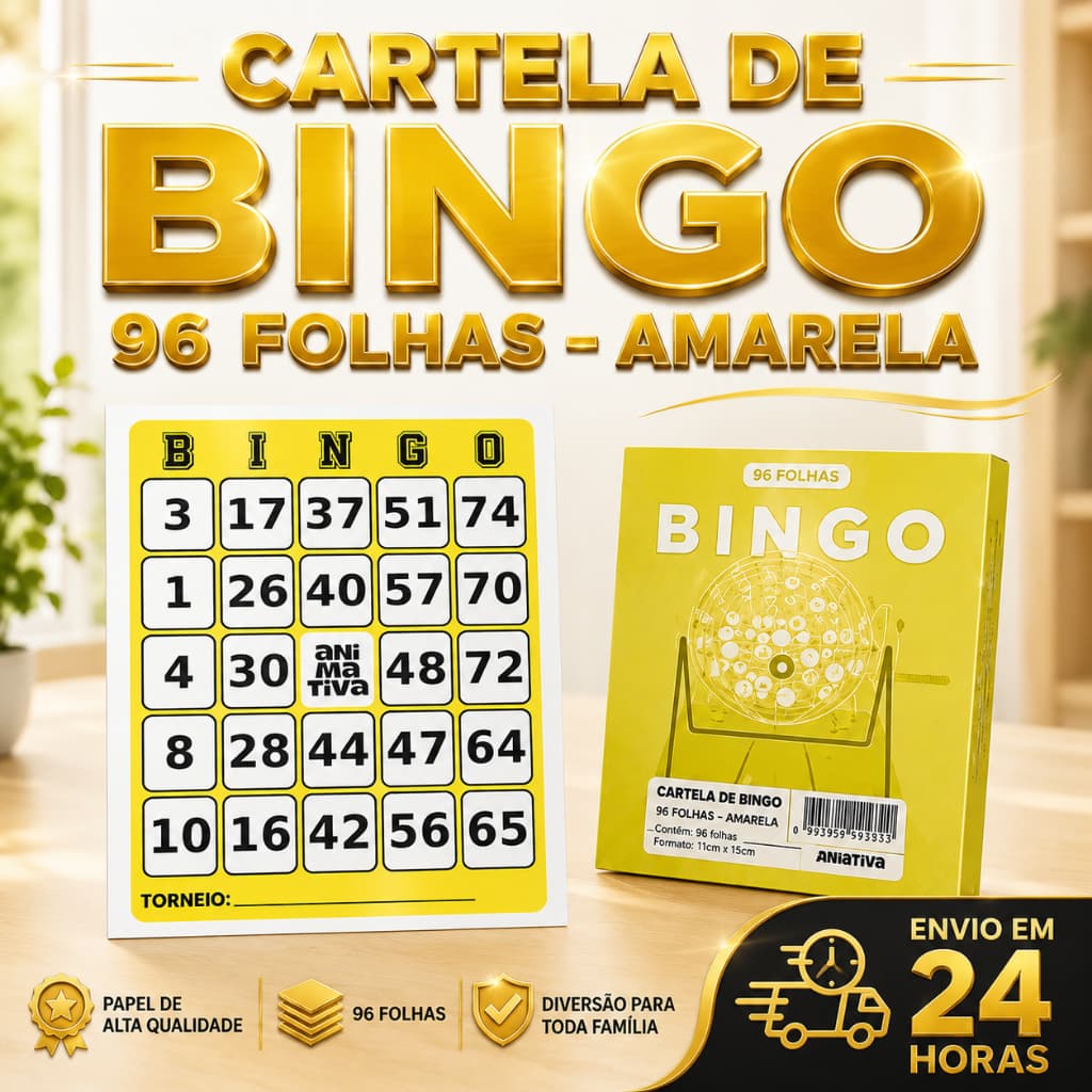 CARTELA DE BINGO 96 FOLHAS AMARELA PAPEL OFFSET 1/2/4 UNIDADES P/JOGOS FESTAS IGREJAS ESCOLAS EVENTOS ALTA VISIBILIDADE
