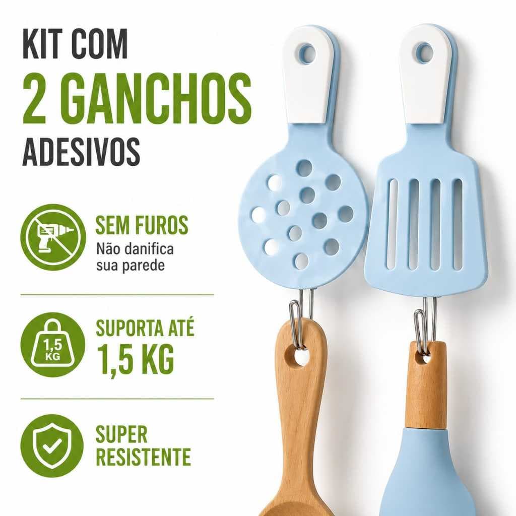 Gancho Adesivo para Cozinha Kit 2 Unidades Sem Furo Alta Fixação Organizador de Utensílios