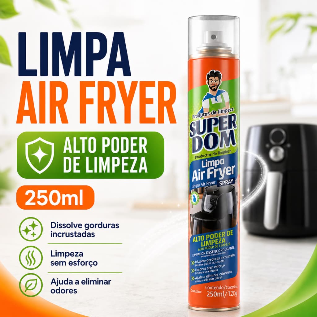 Limpa Air Fryer Super Dom 250ml Spray Desengordurante Espuma Ativa Gordura Incrustada
