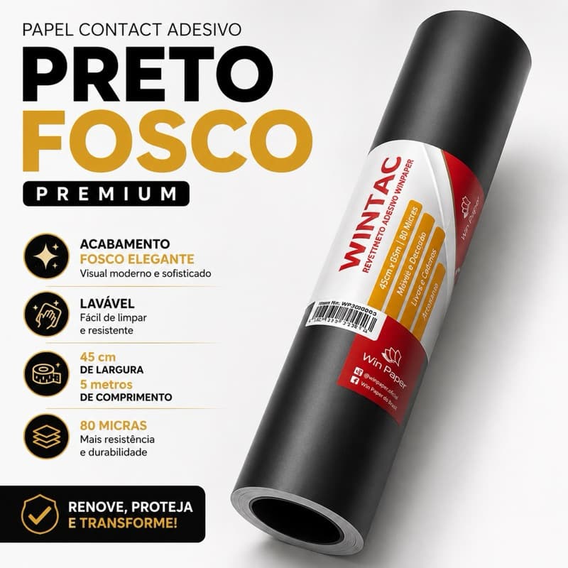 Papel Contact Adesivo Preto Fosco Lavável 45cm x 5 Metros WinTac Para Móveis, Portas, Bancadas e Decoração