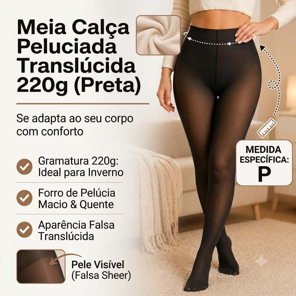 Preta - (P) - Meia calça peluciada translucida 220g