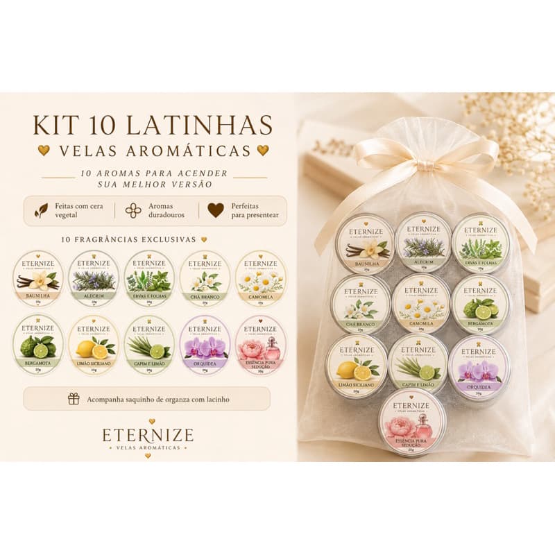 ✨ KIT COM 10 VELAS AROMÁTICAS EM LATINHAS – 20g | ETERNIZE ✨