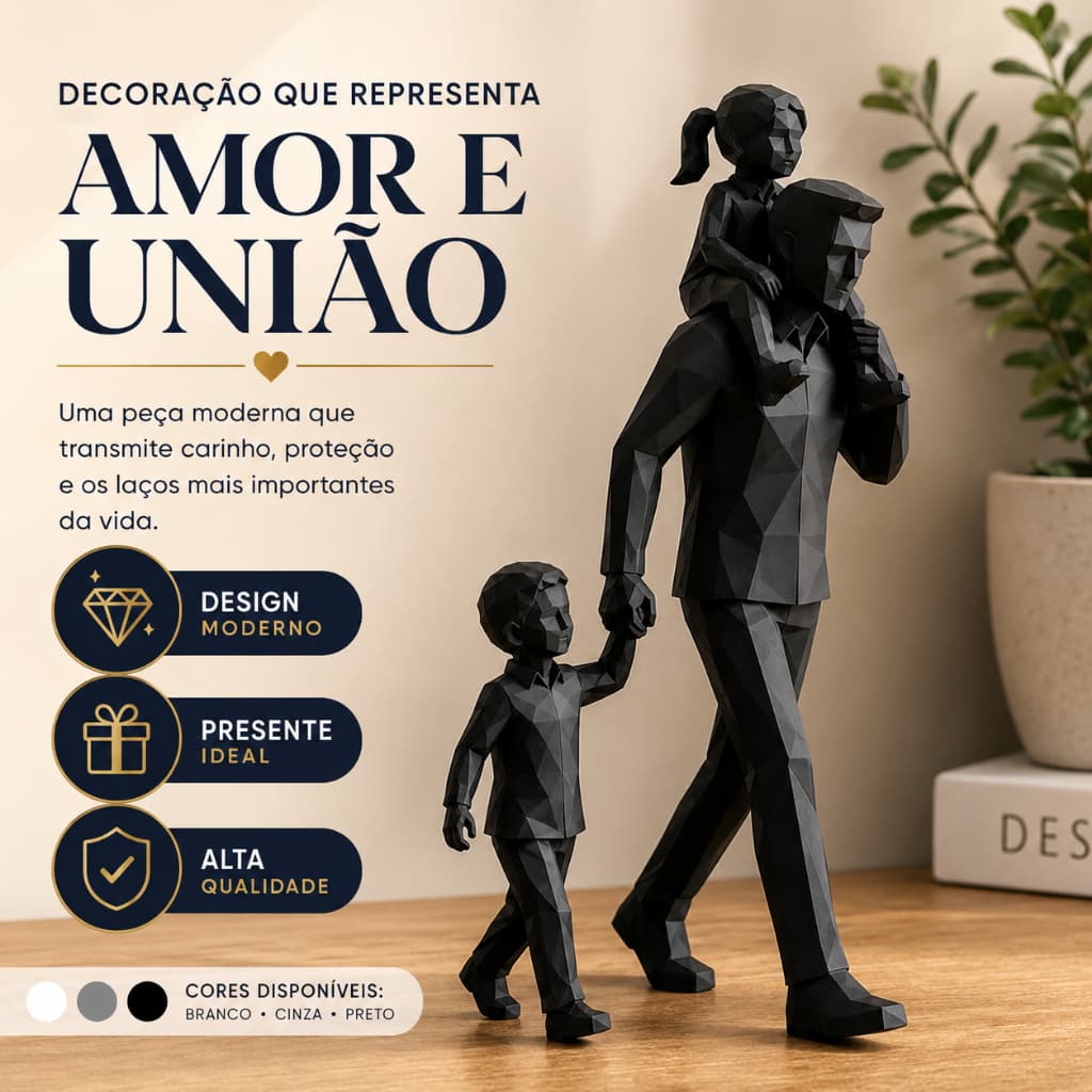 Estátua Decorativa Pai e Filhos Geométrica Minimalista Enfeite para Sala Escritório Presente Dia dos Pais