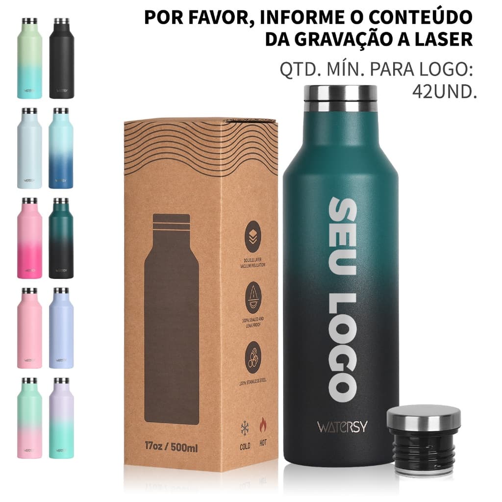 WATERSY Garrafa Térmica 500ml Personalizável - Aço Inoxidável, Mantém Quente/Frio, FDA Aprovado