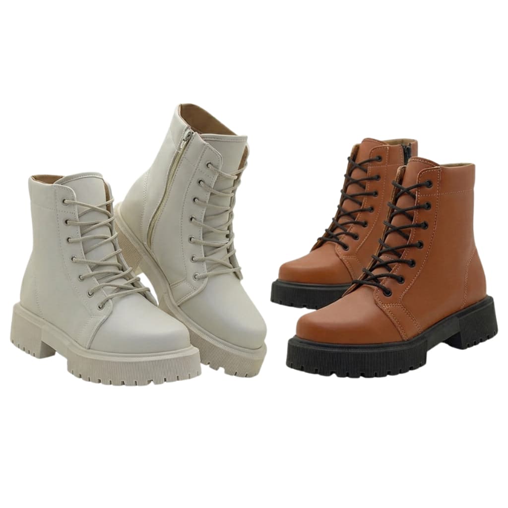 Kit 2 Pares Bota Coturno Feminino Cano Médio Zíper Lateral Estilo Casual Moda Blogueira Promoção