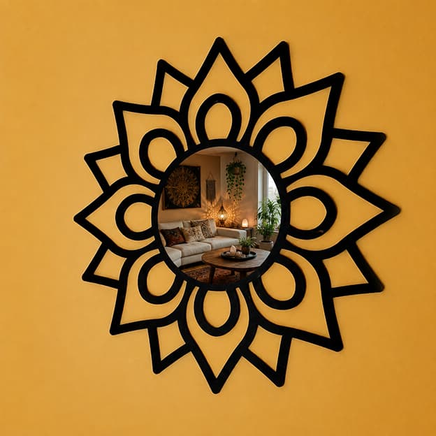 Espelho Decorativo Redondo Mandala Flor em MDF Preto Decoração Sala Quarto Vários Tamanhos