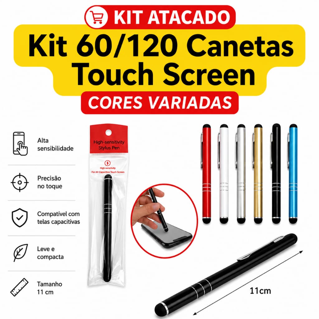 Kit 60/120 Caneta Touch Screen Universal para Tablet, Celular, Tela Desenho Cores Sortidas