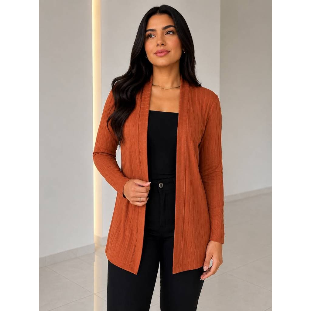 Cardigan Feminino Canelado Alongado Manga Longa Casaco Aberto Elegante Confortável Casual