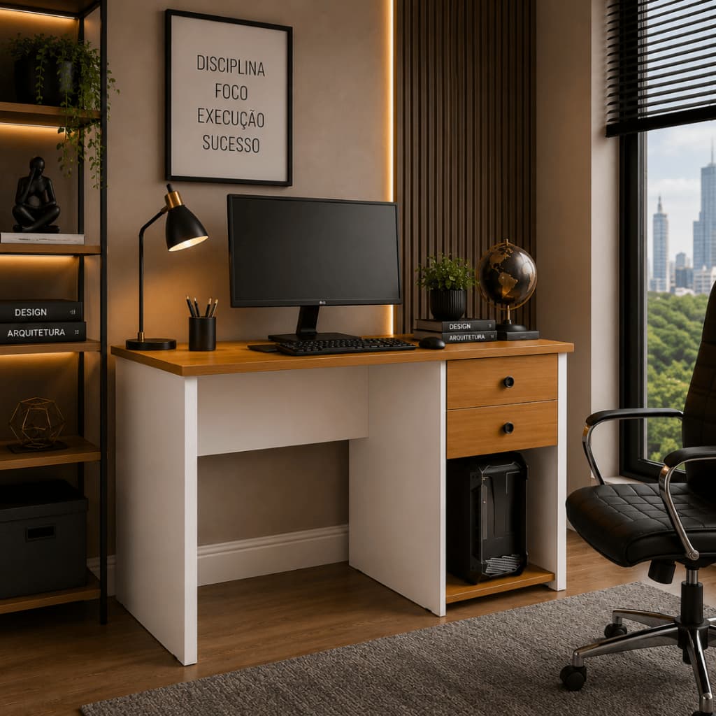 *Oferta* Escrivaninha Office 2 Gavetas Mesa para Computador Home Office Estudo Moderna Pratica