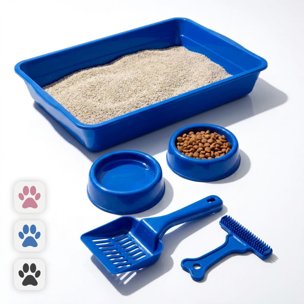 Kit Enxoval Gato Filhote Caixa de Areia com Pá Comedouro e Escova Rastelo Tira Pelos Acessórios Pet