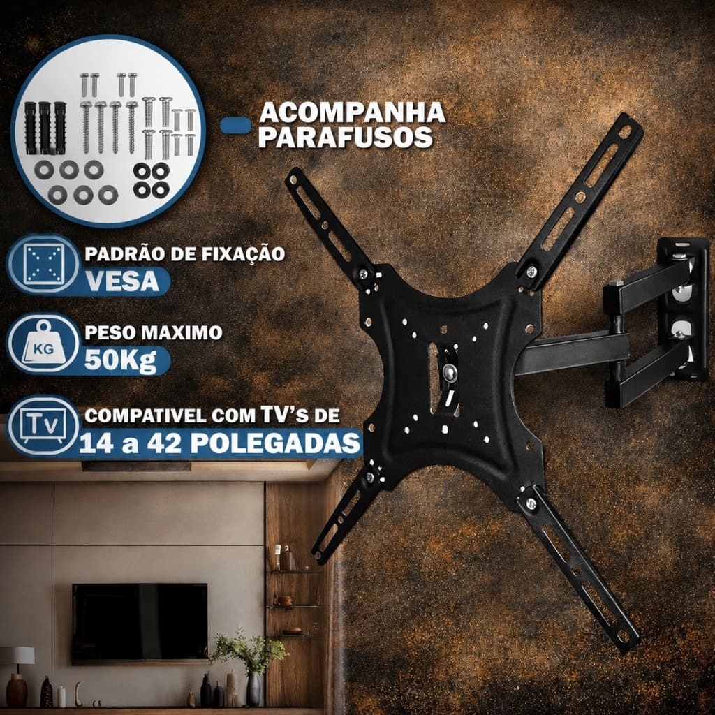 Suporte TV Articulado 14" a 42" Reforçado – Ajuste de Ângulo, Fácil Instalação, Com Parafusos