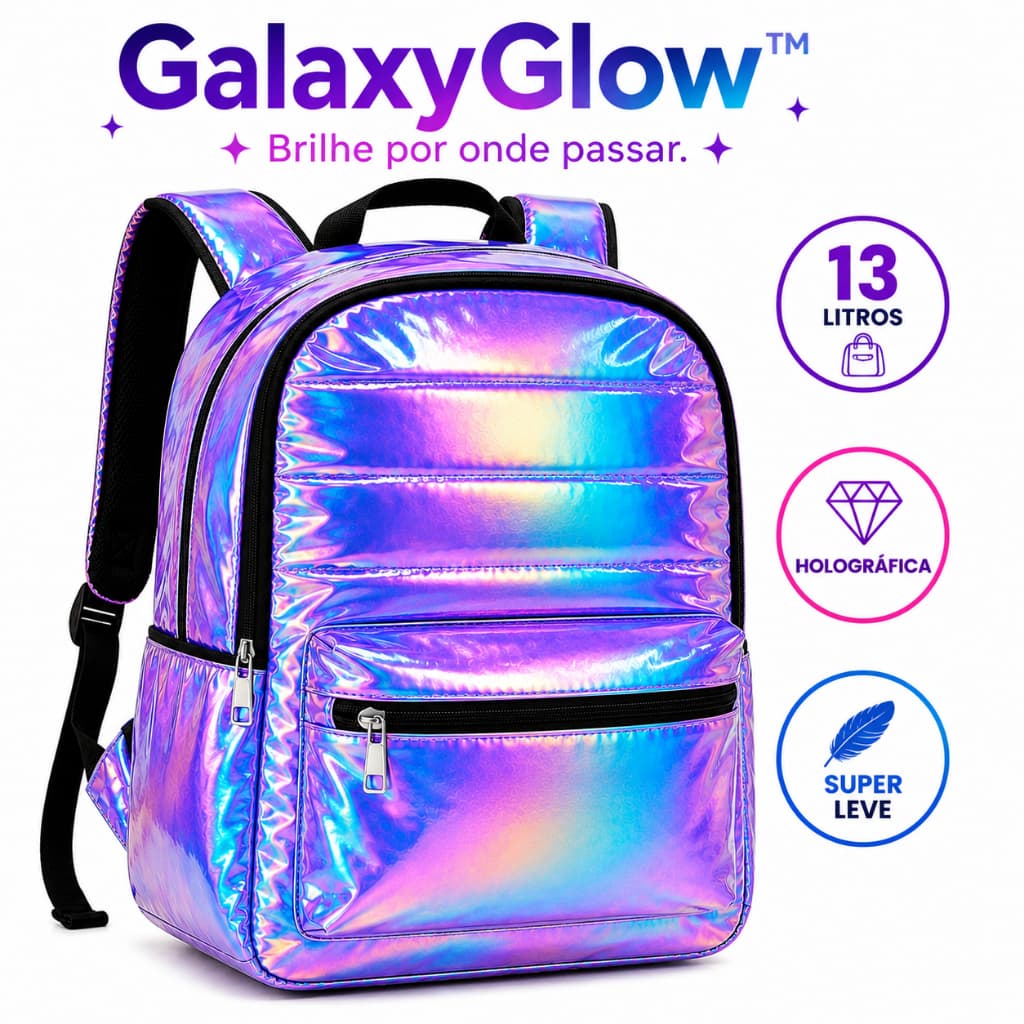 Mochila Holográfica Metalizada 13L GalaxyGlow™ Escolar Feminina Brilhante Passeio Cor Sortida
