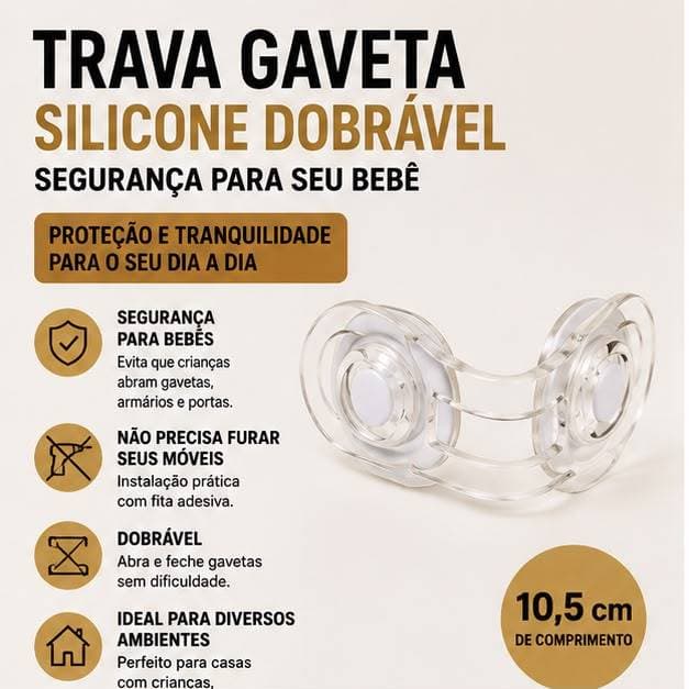 Trava de Segurança para Gaveta e Armário em Silicone Dobrável com Fita Adesiva para Bebês e Crianças 10,5cm