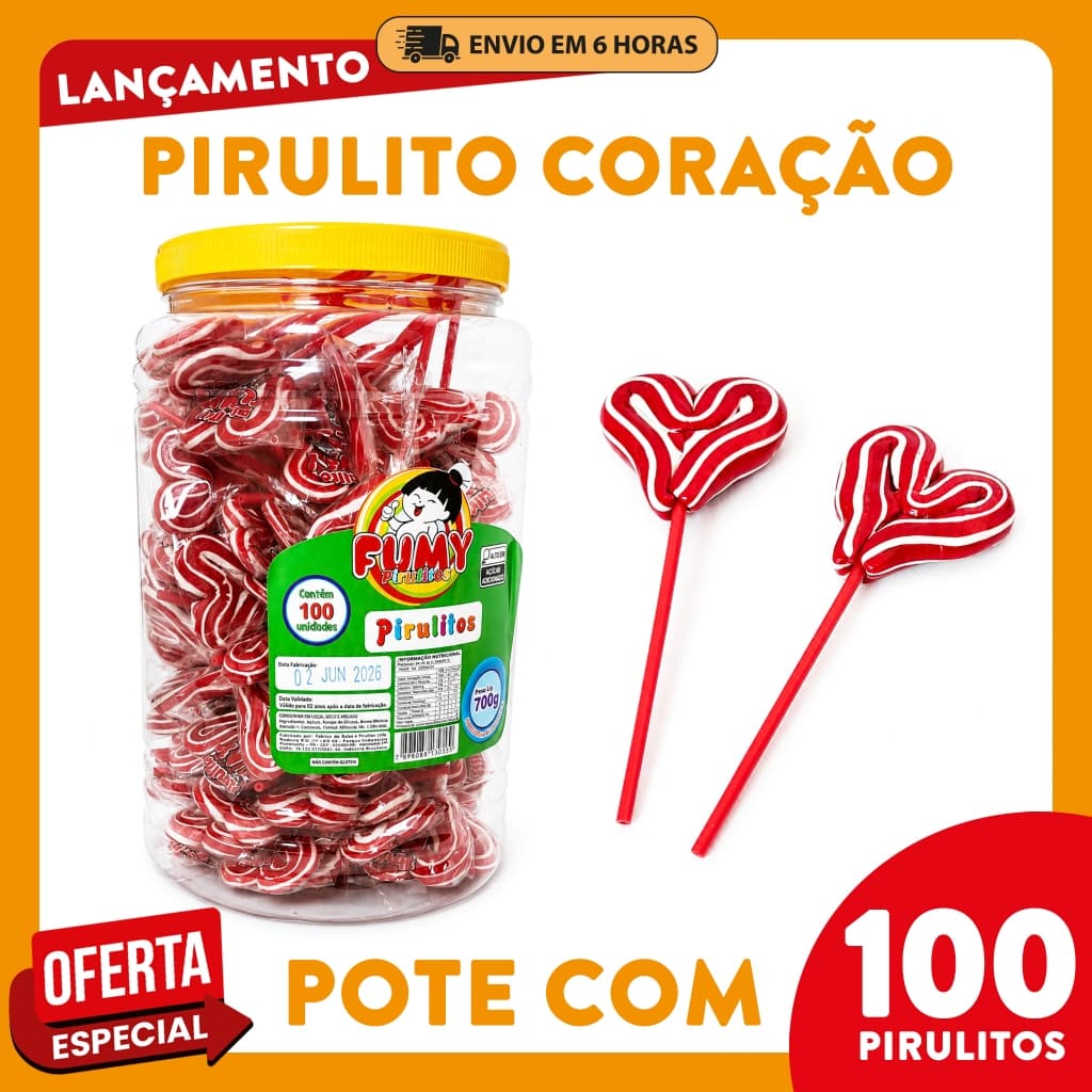 Pirulito Fummy Coração Vermelho e Branco para Festa, Lembrancinha, Candy Bar, Revenda, Decoração