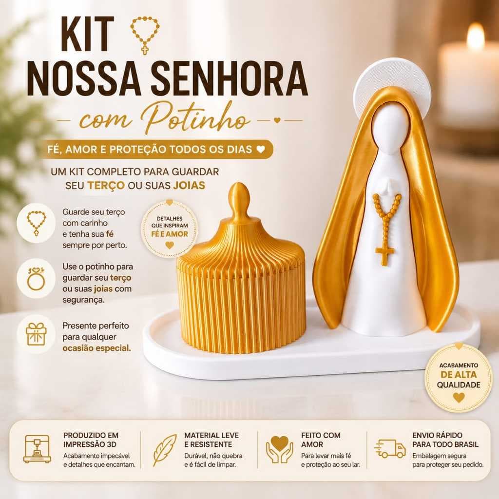 Nossa Senhora Decorativa com Porta Terço ou Porta Joias | Organizador Religioso para Mesa