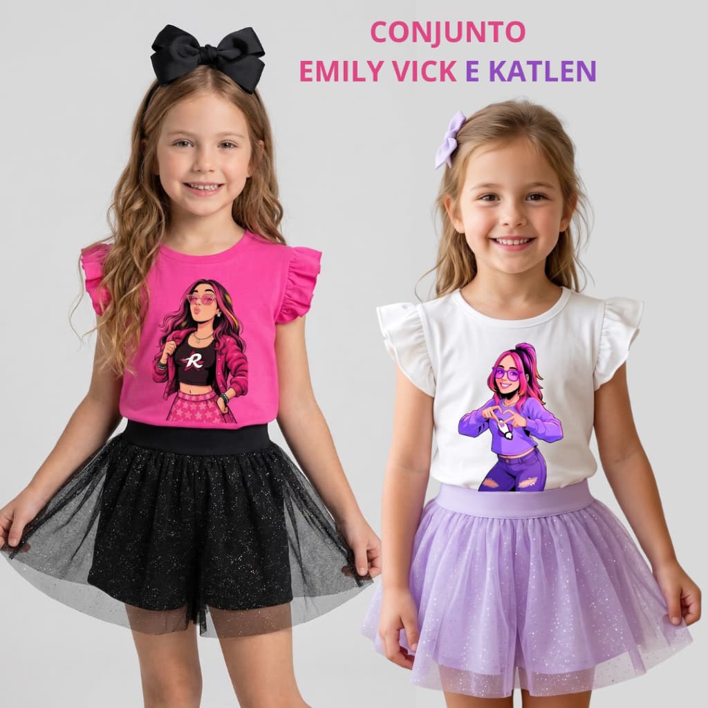 Conjunto Infantil Menina Blusa Rosa Emily Vick Short Saia Gliter Preto Roupa Infantil Menina Conjunto Infantil Estiloso