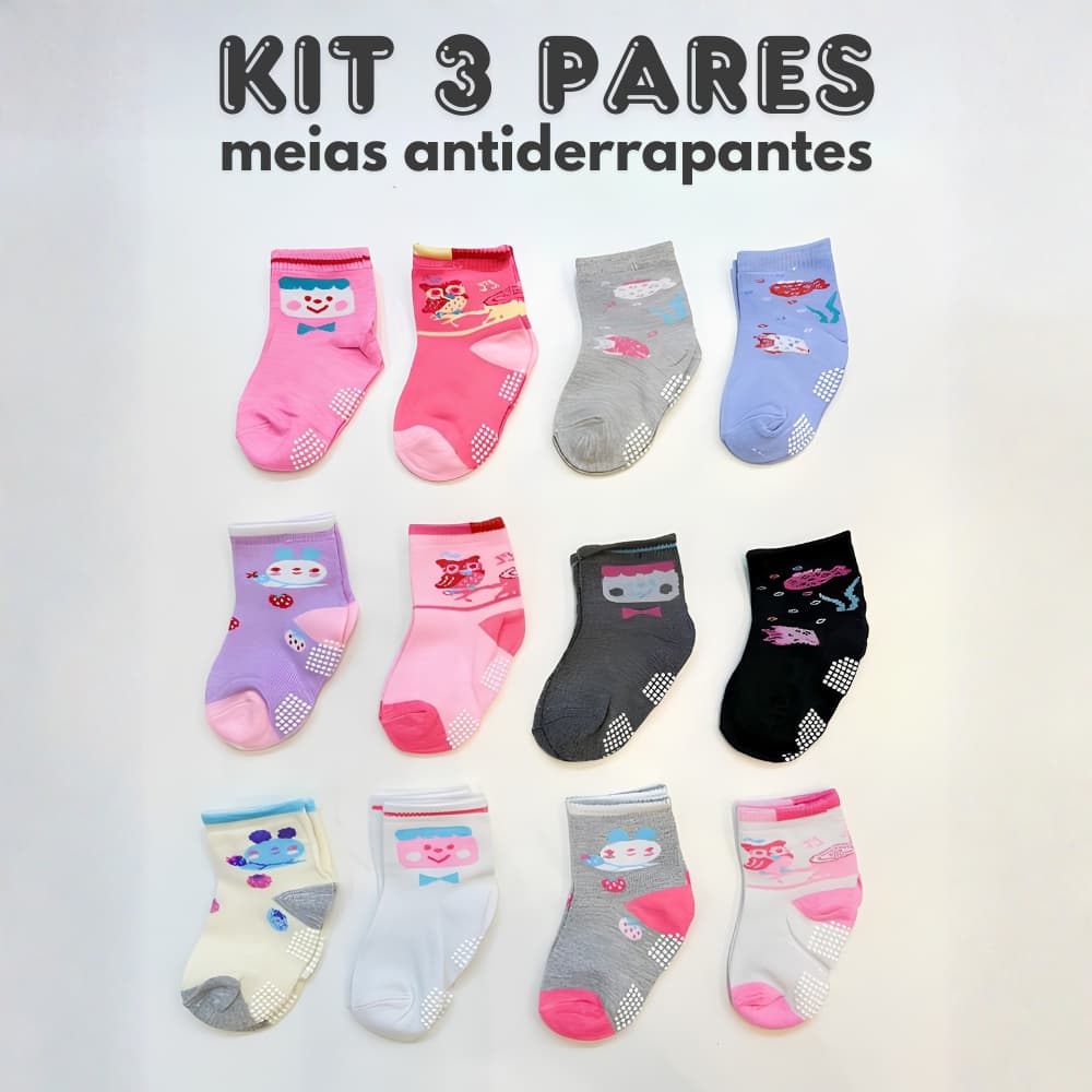 Kit 3 Pares Meia Bebê Menina Antiderrapante Algodão Premium
